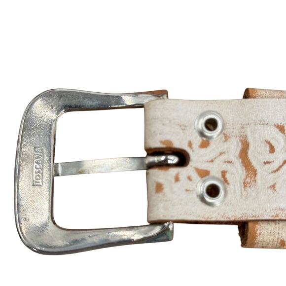 Toscana Tooled Leather Belt SZ 33 Floral Womens White Pastel Boho Western Hippie - Picture 7 of 12